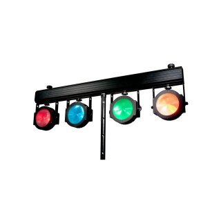 Eliminator Dotz TPAR Sys Plus, Kompaktlichtanlage, 4x 30 Watt COB-LED-Spot, RGB, 90 Grad Abstrahlwinkel, inkl. 25 Grad Linsen, Fußcontroller, Stativ, Taschen