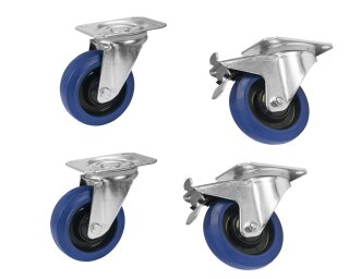 Roadinger Set Swivel castors 100mm blue 2x RD-100 + 2x RD-100B with brake